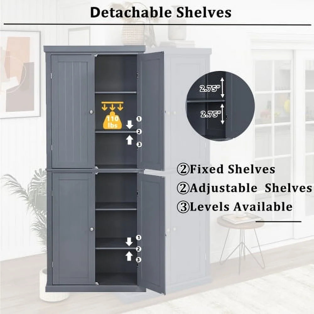 Tall Kitchen Pantry Storage Cabinet with 4 Doors and Adjustable Shelves S24547