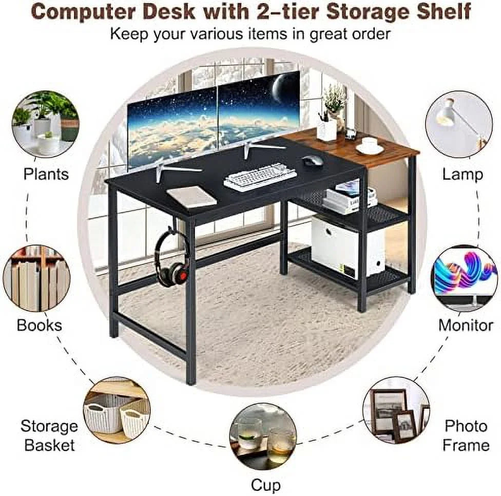 59 Inch Computer Desk with Charging Station and 2 Tier Shelves C9229