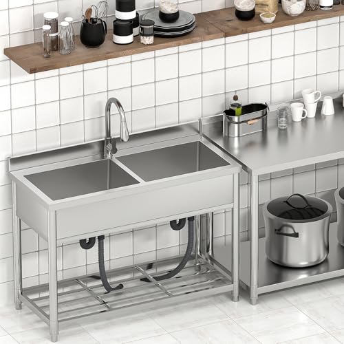 2-Compartment Stainless Steel Utility Sink with Pull-out Faucet A378