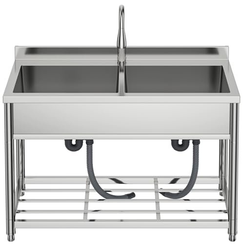 2-Compartment Stainless Steel Utility Sink with Pull-out Faucet A378