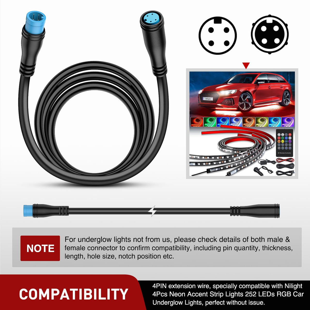 2 Pack 5FT 4 Pin Extension Cable Cord for Car Underglow Neon Accent Strip Lights 252 LEDs RGB 8 Color Wire Harness O16336