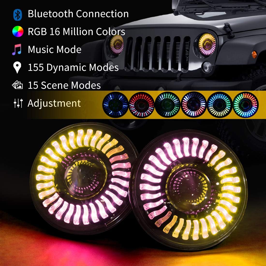 7 Inch Round LED Headlight with Amber Turn Signal, High Low Beam 2PCS R959356