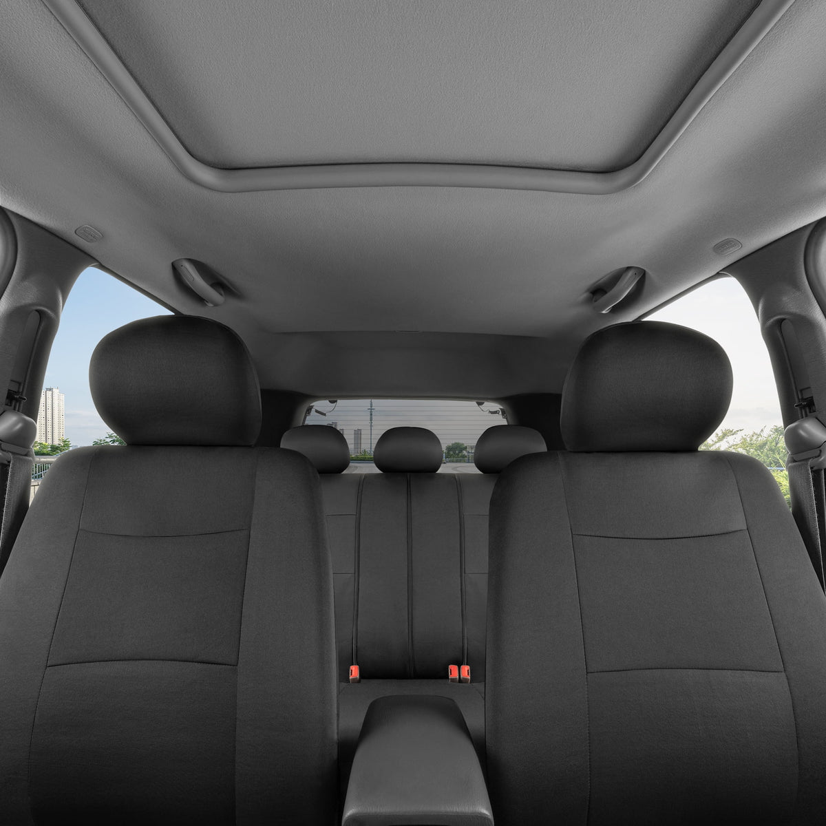 Solid Black Car Seat Covers Full Set with Steering Wheel Cover & Seat Belt Pads F189154