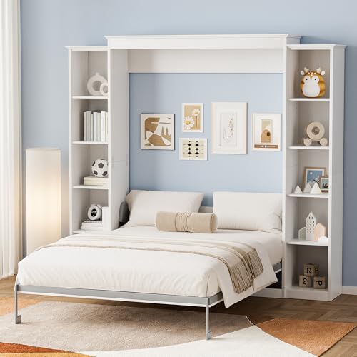 Queen Murphy Bed with Storage Bookcase & 4 Adjustable Shelves, White Wood Wall Bedframe with Metal Legs F871699