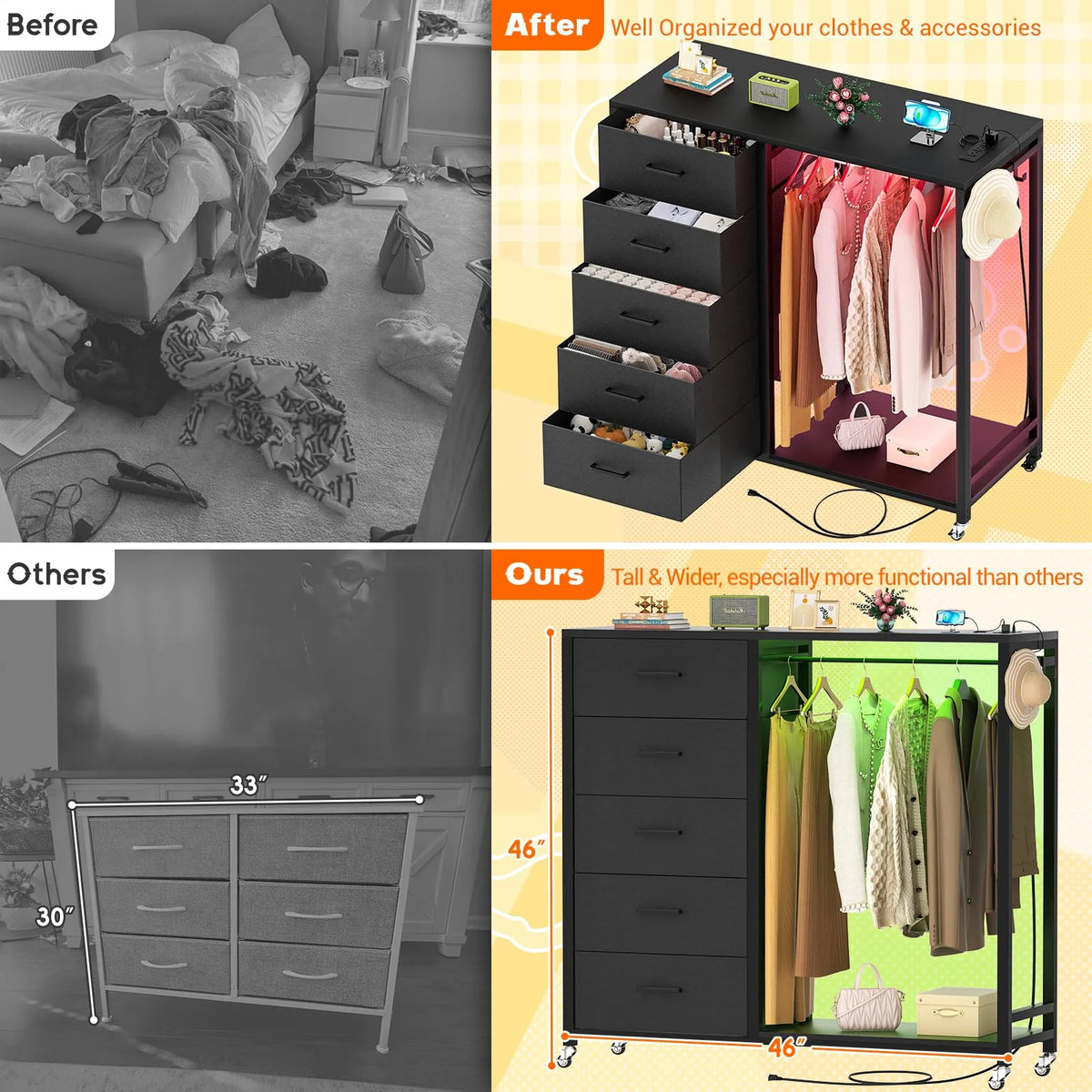 White 5 Drawer Dresser with Clothes Rack D4256