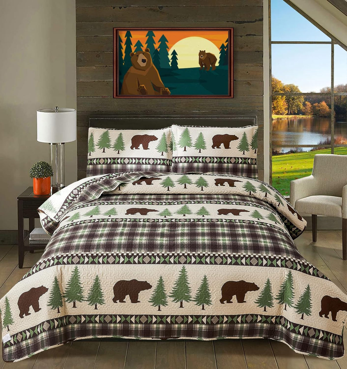 Full/Queen Size Plaid Quilt Set Black White Patchwork Bedspread M907380