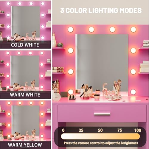White Vanity Desk with Mirror, LED Lights, 7 Drawers and 6 Storage Shelves Z667453