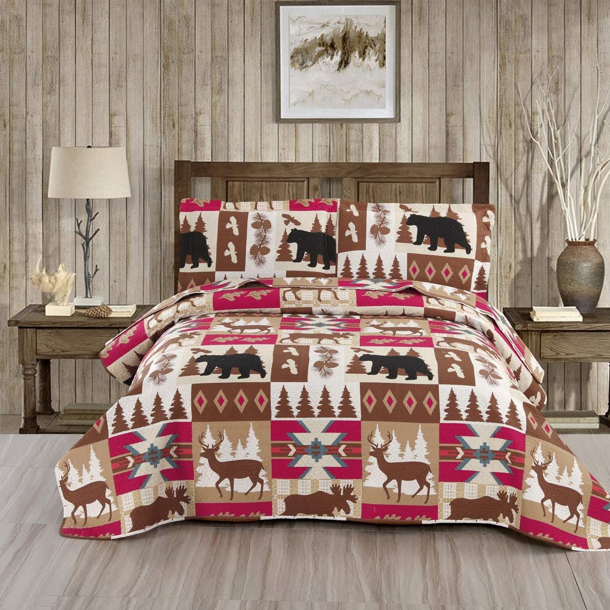 Full/Queen Size Plaid Quilt Set Black White Patchwork Bedspread M907380