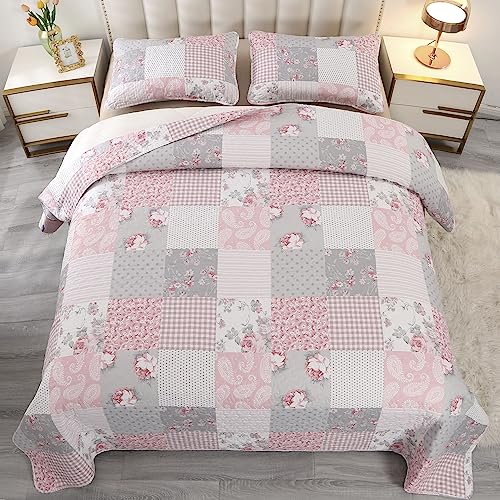 3-Piece King Size Pink Plaid Patchwork Quilt Set E485510