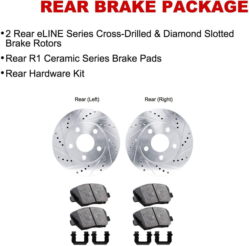 Rear Drilled and Slotted Brake Rotors with Ceramic Brake Pads and Hardware Kit T60050