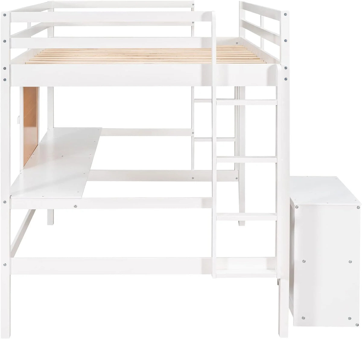 White Full Size Wood Loft Bed Frame with Desk and Storage Shelves X11184