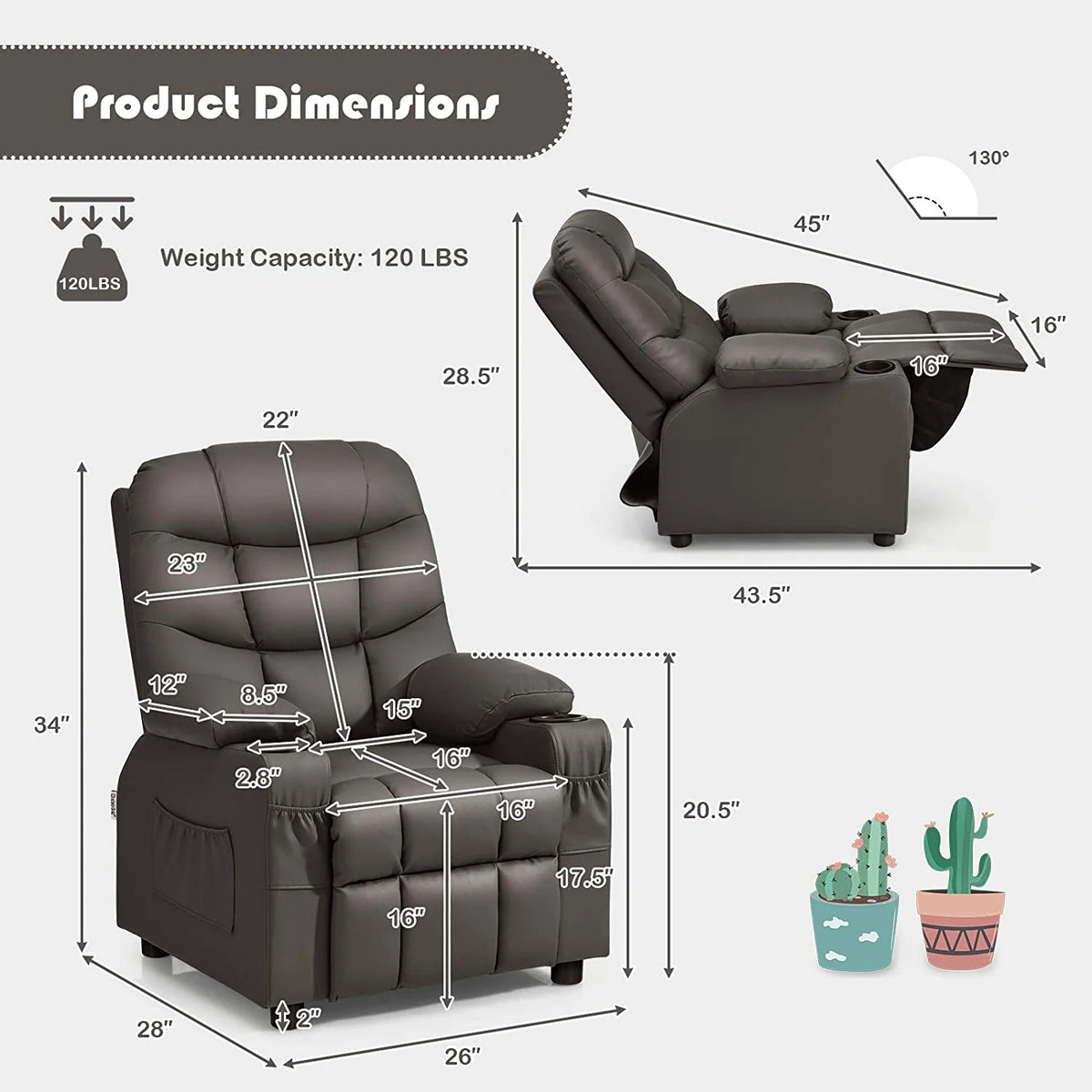 Brown PU Leather Kids Recliner Chair with Cup Holder Z6994