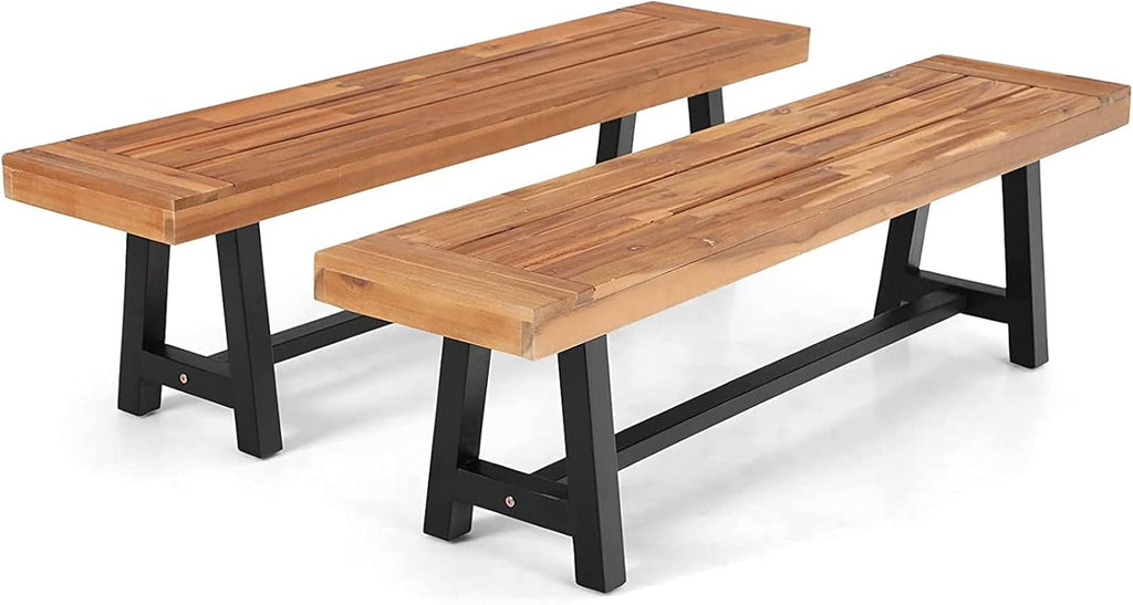Outdoor Patio Bench Set of 2 Acacia Wood 63 Long Rectangular Dining Bench D37485