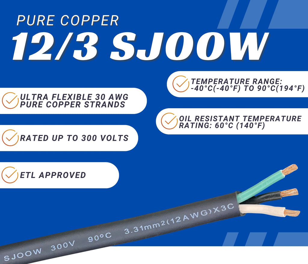 25 Feet 12 Gauge 3 Conductor Black SJOOW Cable T3762