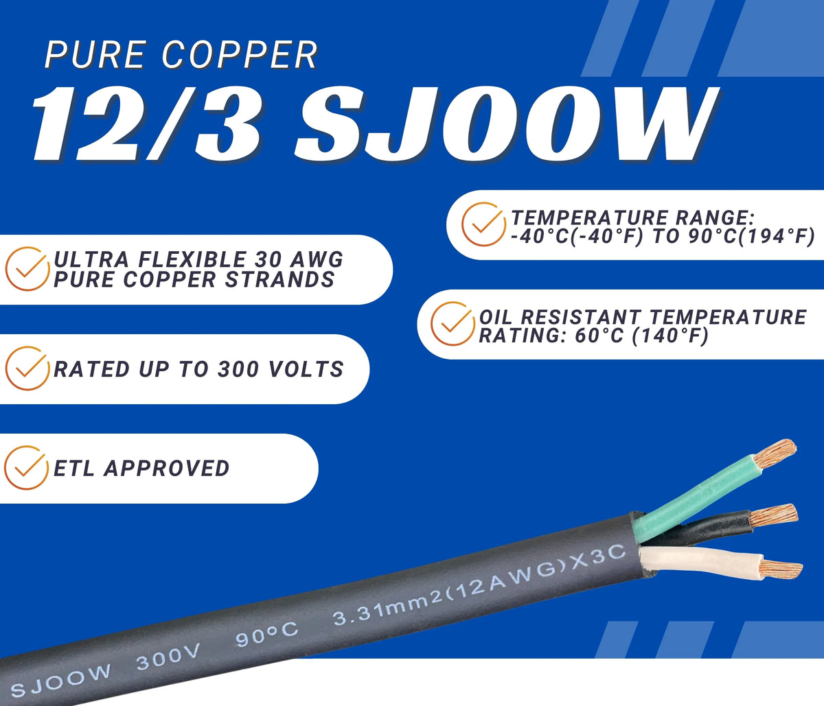 25 Feet 12 Gauge 3 Conductor Black SJOOW Cable T3762