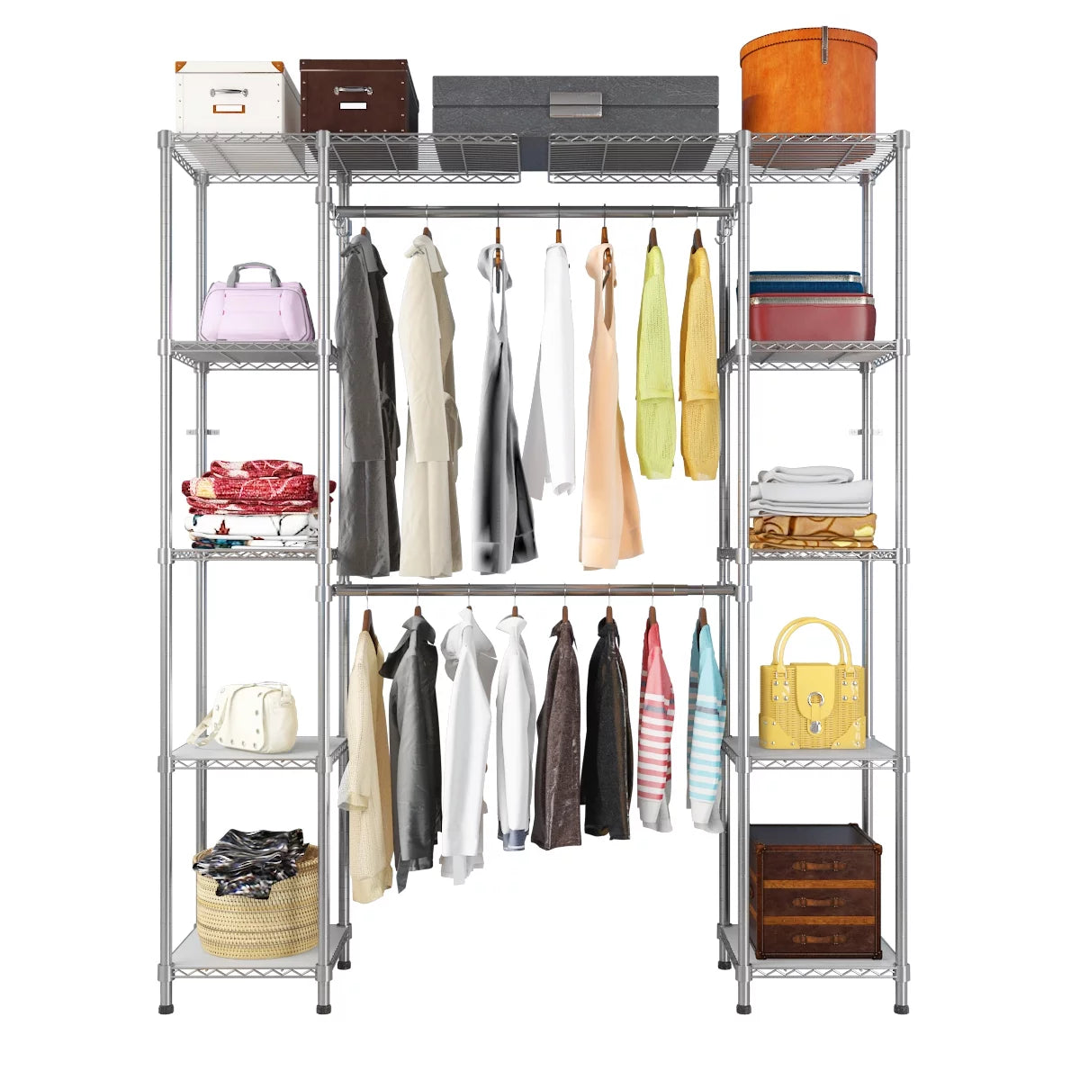 Freestanding Closet System Storage Organizer Shelves Kit Expandable Heavy Duty Garment Rack Metal Silver Y60339