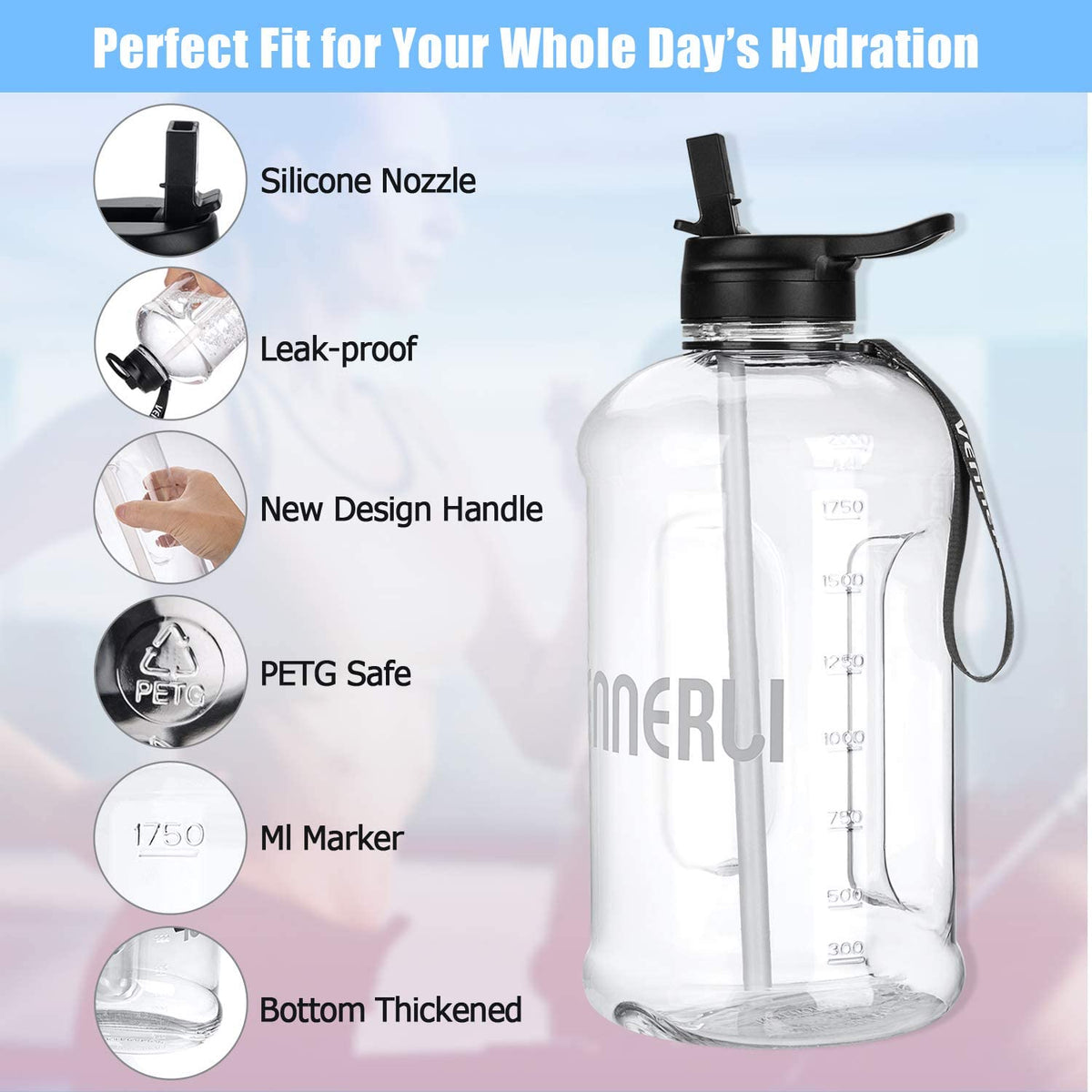 Half Gallon Plastic Water Bottle with Straw 74oz X88967