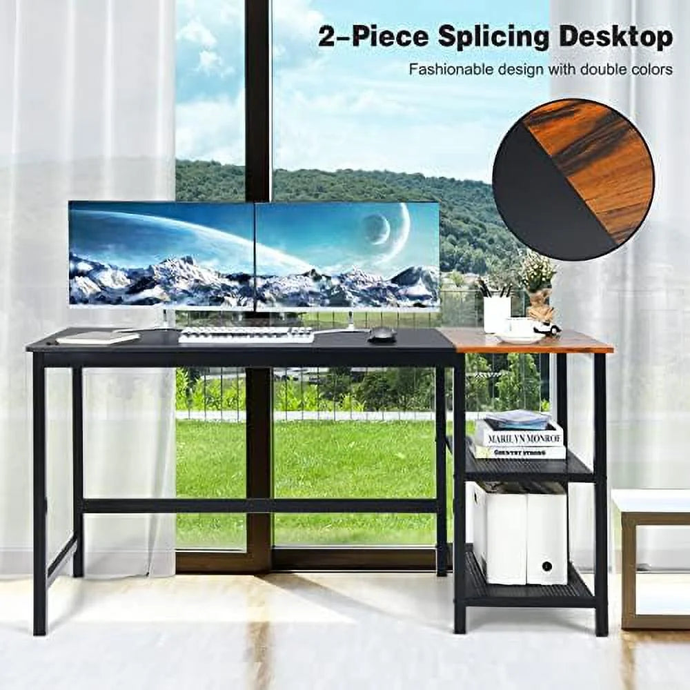 59 Inch Computer Desk with Charging Station and 2 Tier Shelves C9229