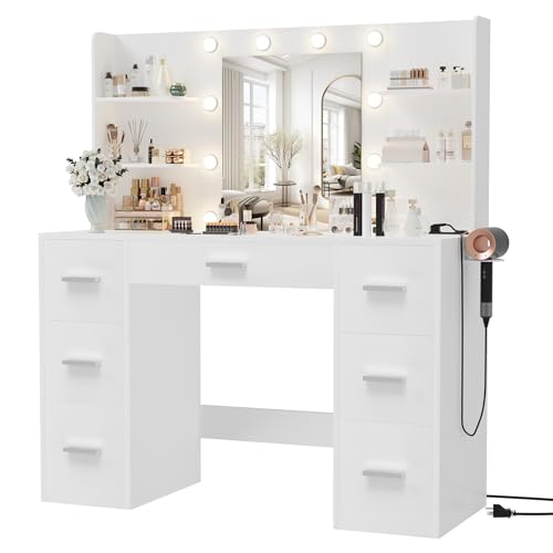 White Vanity Desk with Mirror, LED Lights, 7 Drawers and 6 Storage Shelves Z667453