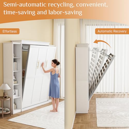 Queen Murphy Bed with Storage Bookcase & 4 Adjustable Shelves, White Wood Wall Bedframe with Metal Legs F871699