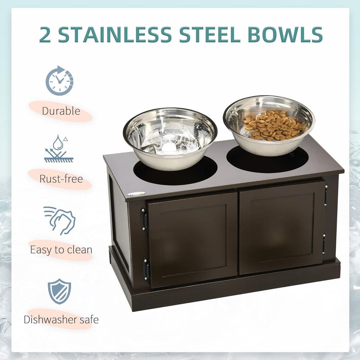 Elevated Dog Bowls with Storage Cabinet, 2 Stainless Steel Bowls, Coffee D8572
