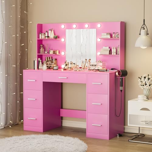 White Vanity Desk with Mirror, LED Lights, 7 Drawers and 6 Storage Shelves Z667453