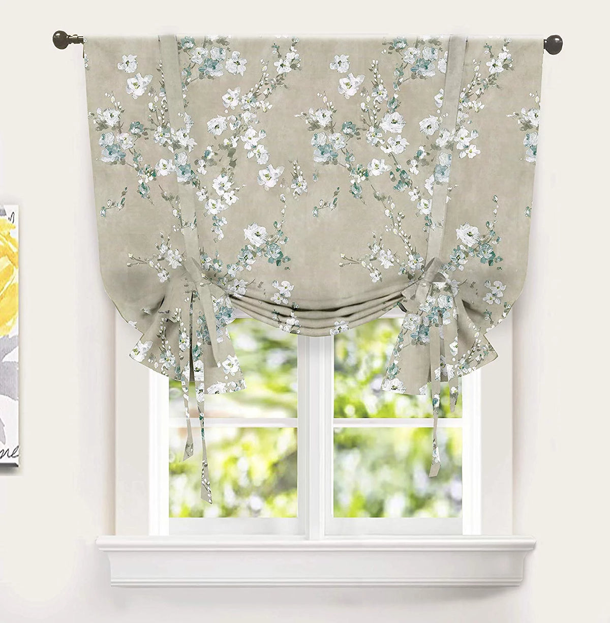Blue Gray Floral Tie Up Curtain I87999