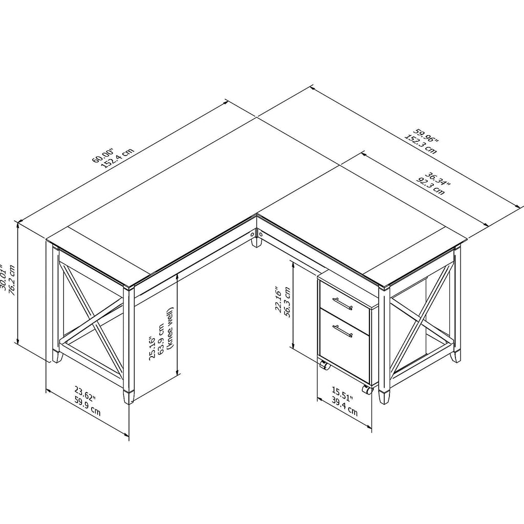 60W L Shaped Desk with 2 Drawer Mobile File Cabinet, Pure White Oak B5318