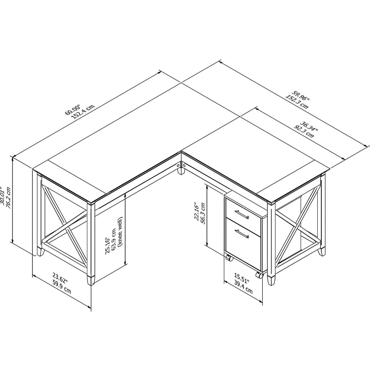 60W L Shaped Desk with 2 Drawer Mobile File Cabinet, Pure White Oak B5318