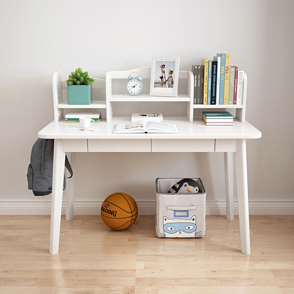 White Wooden Kid's Desk with Drawers and Bookshelf B28023