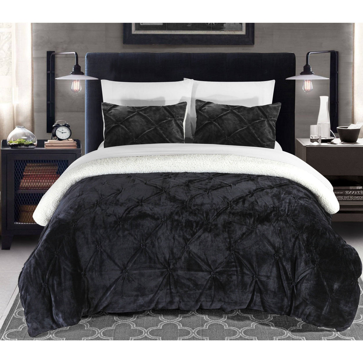 7-Piece Sherpa Comforter Bedding Set Black Queen F75995