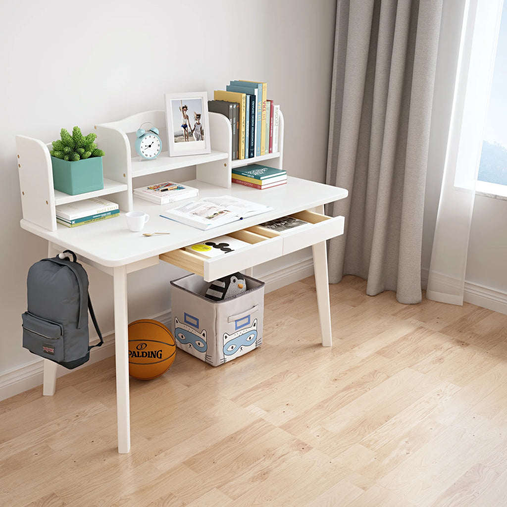 White Wooden Kid's Desk with Drawers and Bookshelf B28023