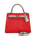 Kelly Sellier 25 Rouge De Coeur and Gris Perle Chevre Mysore Handbag A744600