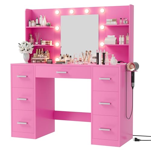 White Vanity Desk with Mirror, LED Lights, 7 Drawers and 6 Storage Shelves Z667453