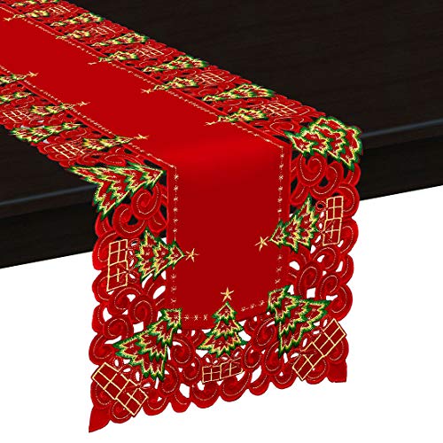 Embroidered Christmas Holly Tree Table Runner, Rectangular 16 x 72 Inch J31841