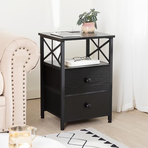 Dark Grey Nightstand Set 2 with Fabric Drawers and Charging Station Q9706