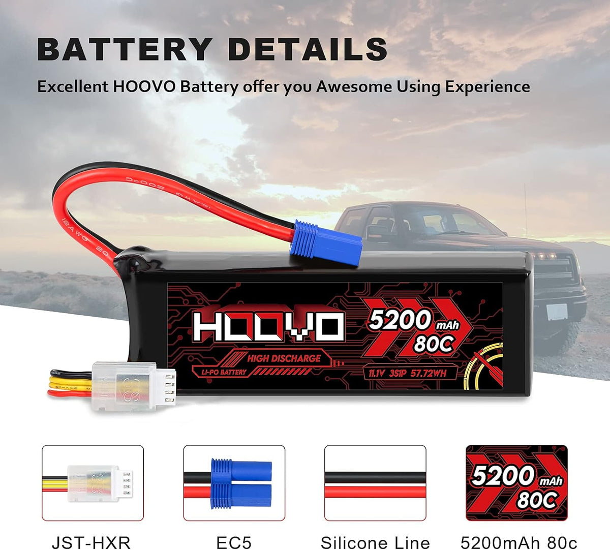 3S Lipo Battery 11.1V 80C 5200mAh with EC5 Connector 2 Pack L8273