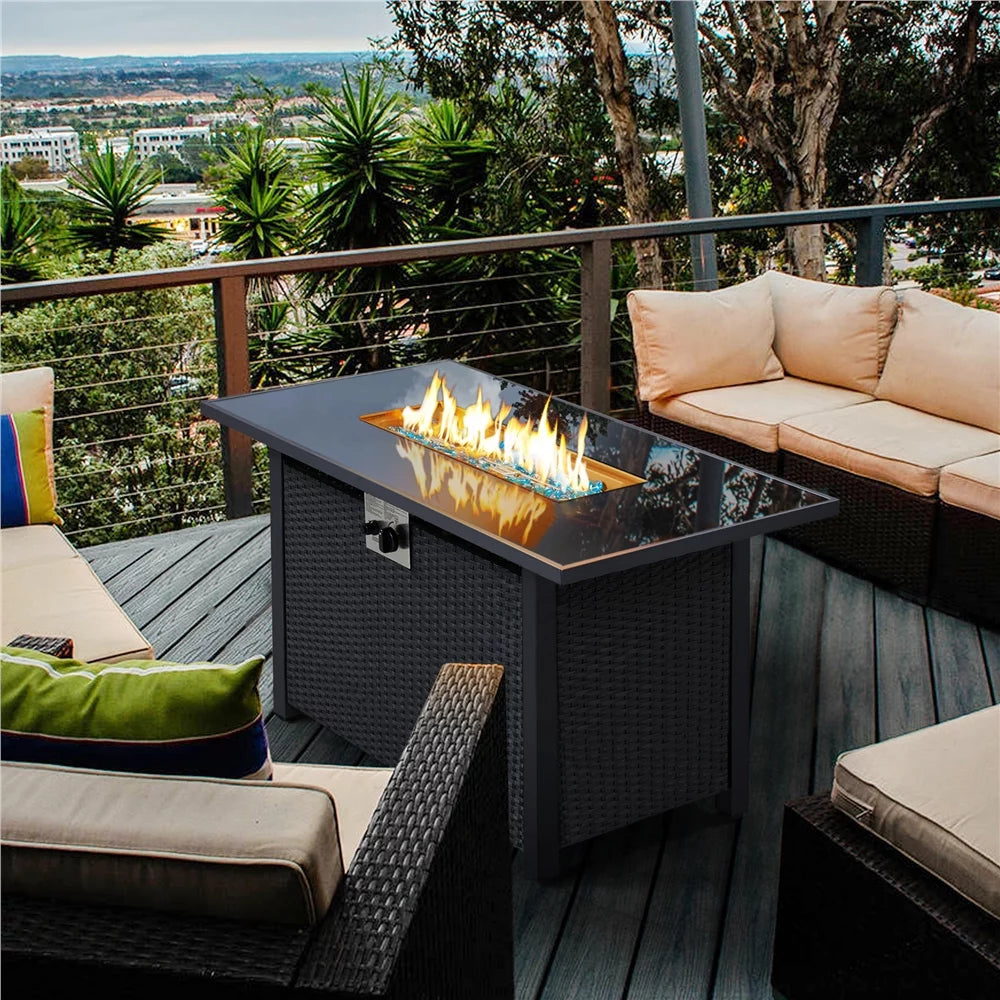 43 Outdoor Gas Fire Pit with Tempered Glass Tabletop, Black L7009
