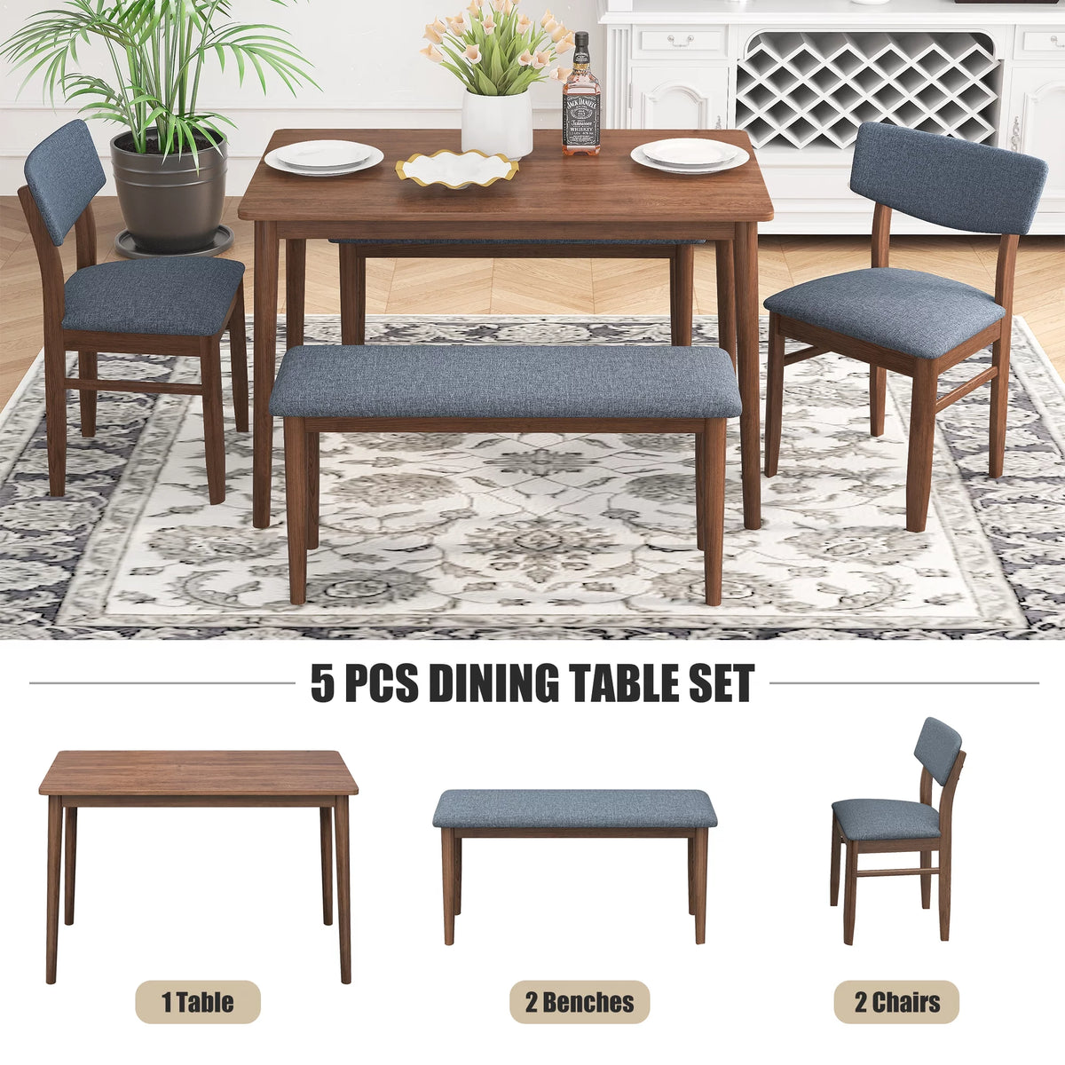 Grey Rubber wood Dining Table Set with 2 Benches and 2 Chairs W270
