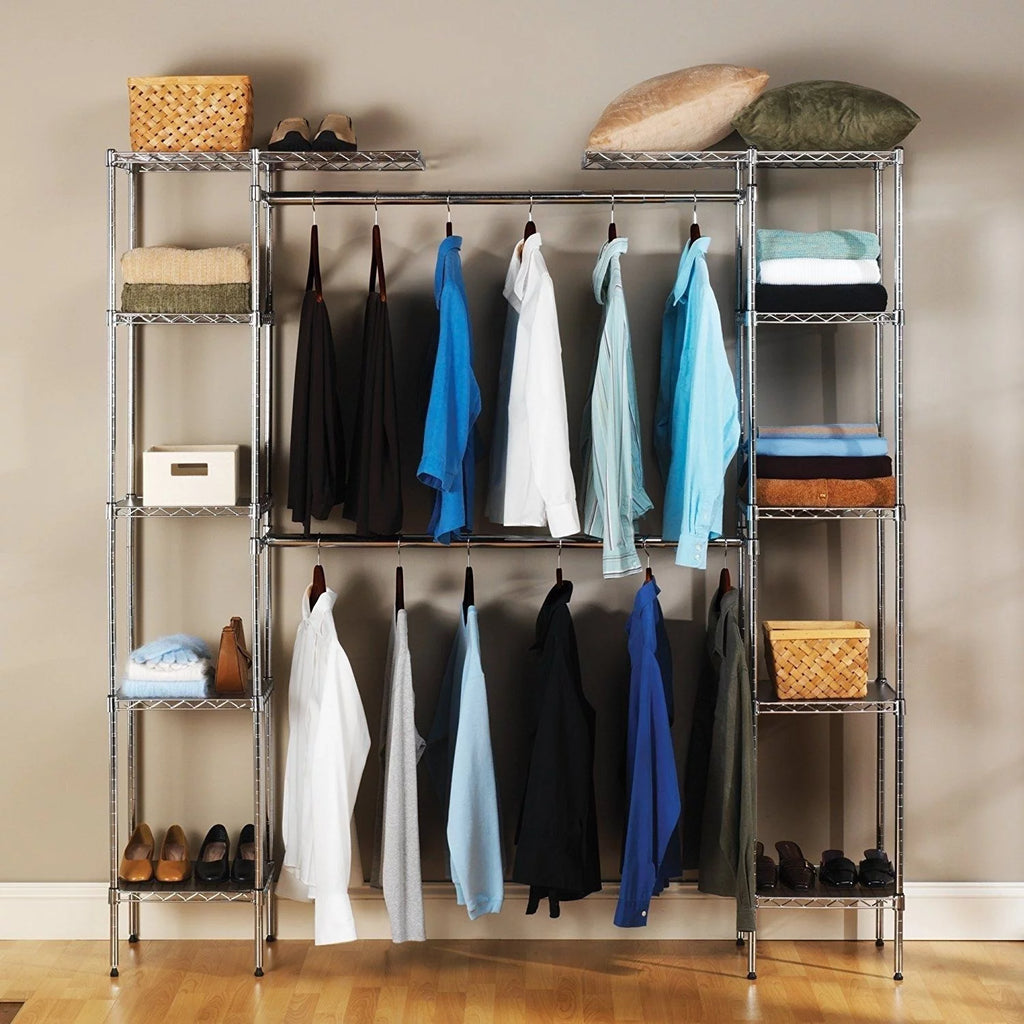 Freestanding Closet System Storage Organizer Shelves Kit Expandable Heavy Duty Garment Rack Metal Silver Y60339