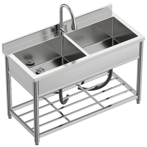 2-Compartment Stainless Steel Utility Sink with Pull-out Faucet A378