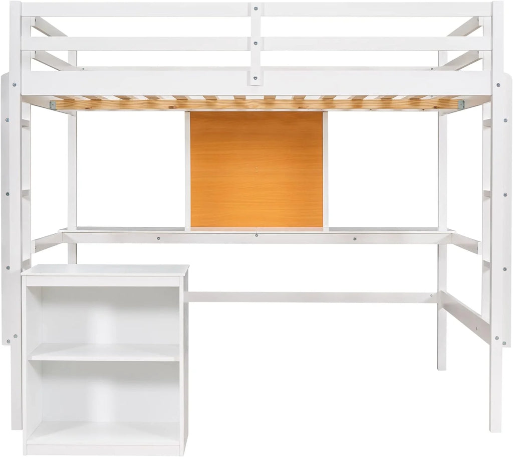 White Full Size Wood Loft Bed Frame with Desk and Storage Shelves X11184