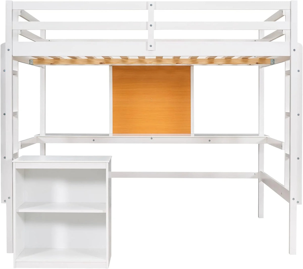 White Full Size Wood Loft Bed Frame with Desk and Storage Shelves X11184