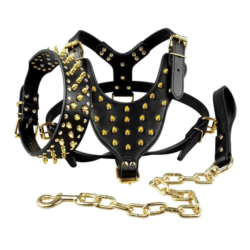 Black Leather Spiked Dog Collar & Leash & Harness 3 Pcs Set Y128246