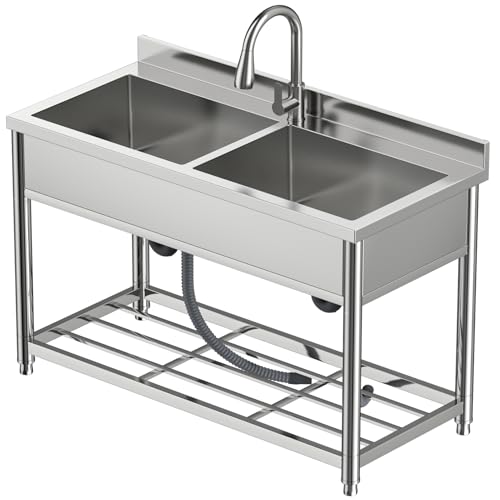 2-Compartment Stainless Steel Utility Sink with Pull-out Faucet A378