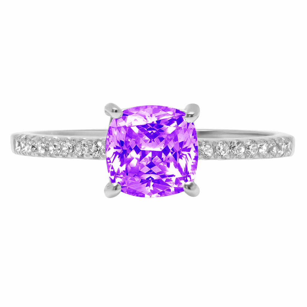 Cushion Cut Purple Amethyst 18k White Gold Ring D295