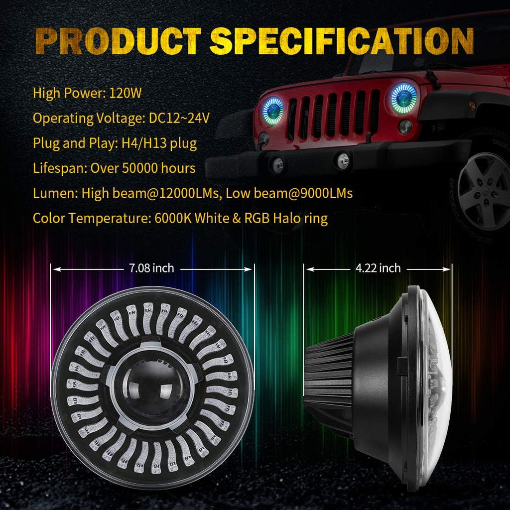 7 Inch Round LED Headlight with Amber Turn Signal, High Low Beam 2PCS R959356