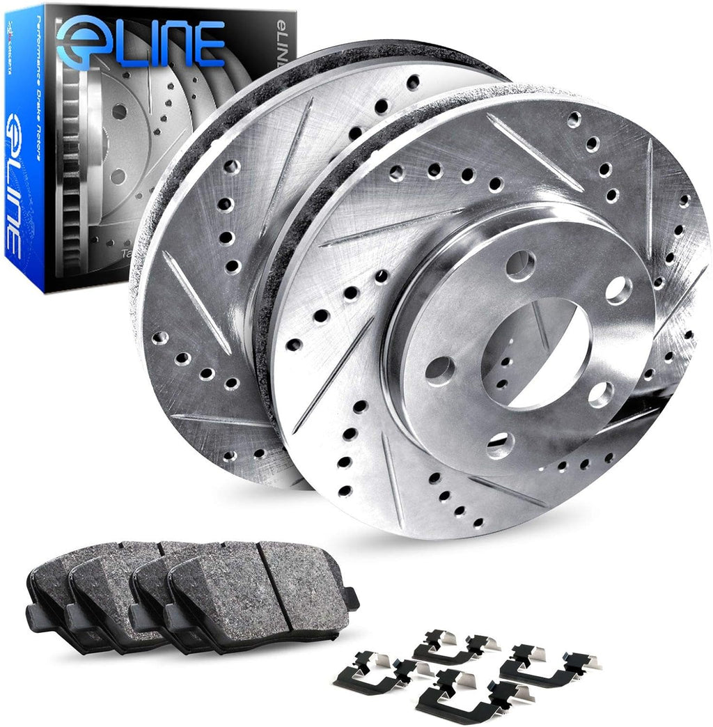 Rear Drilled and Slotted Brake Rotors with Ceramic Brake Pads and Hardware Kit T60050