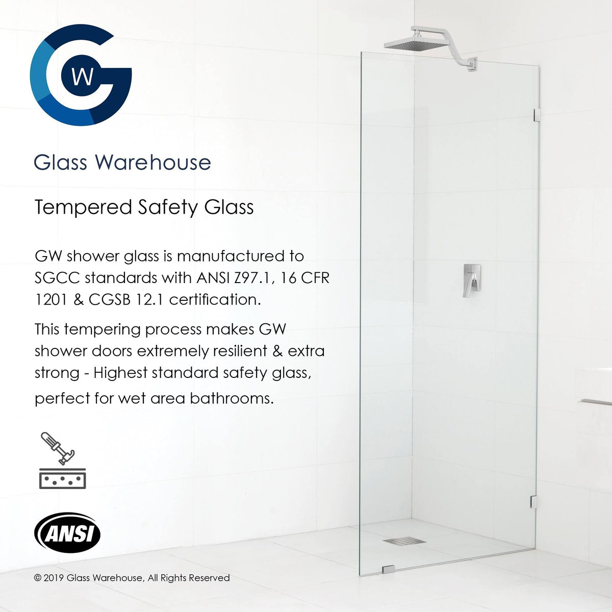 Frameless Shower Door Single Fixed Panel Satin Brass in Gold F649