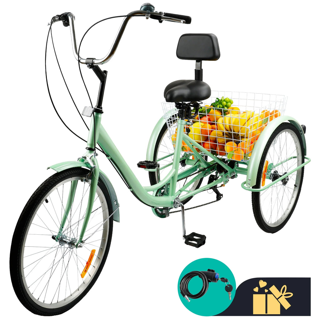 7-Speed Adult Tricycle 24 Purple Cruiser Bike with Seat and Rear Basket W762